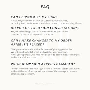 May include: A white background with the heading "FAQ" and text answering common questions about acrylic signs. Questions include customization options, design consultations, order changes, and damaged sign replacements.