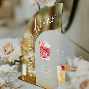 Letrero de bebida de autor para bodas - Letrero de barra con espejo dorado - Cócteles de boda para él y para ella - Menú de bebidas de autor - Letrero de bar para bodas