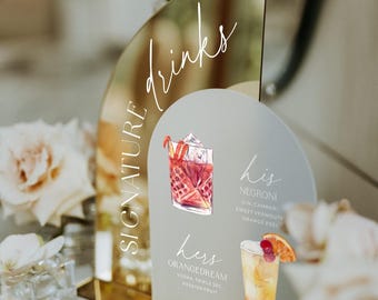Wedding Signature Drink Sign - Gold Mirror Bar Menu Sign - His and Hers Wedding Cocktails - Signature Drinks Menu - Wedding Bar Signage