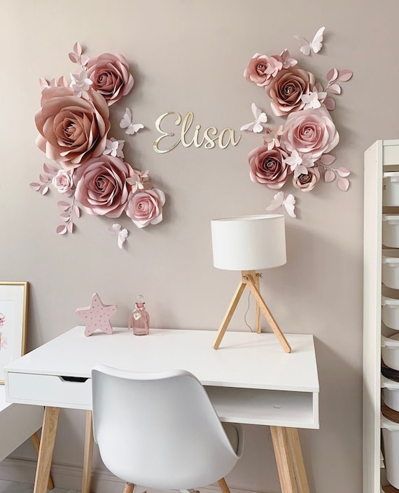 Décoration murale pour chambre de petite fille, décoration fleurs en  papier, art mural pour chambre de bébé, décoration murale fleurs en papier,  fleurs élégantes en papier rose poudré et blanc 