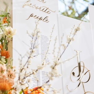 May include: A white sign with gold lettering that reads "Our favorite people" and a list of names in purple ink. The sign is leaning against a wooden surface with a bouquet of orange and white flowers in the foreground.