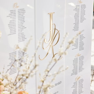 May include: A white wedding seating chart with gold lettering. The chart is divided into two sections, one for "people" and one for "find your seat". The chart features the names "Julie & Richard" and the location "Newport, RI".