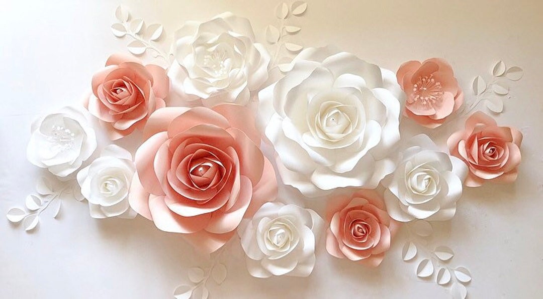 Luxury Set of Giant Paper Flowers, Paper Flower Backdrop, Over the Bed Wall  Decor, Engagement Party Decorations, White Green Paper Flowers 