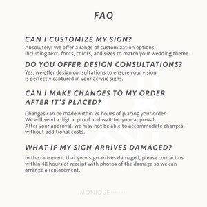 May include: A white background with the heading "FAQ" in a bold, black font. The text answers questions about customizing signs, design consultations, order changes, and damaged signs. The bottom right corner has the text "MONIQUE PAPER ART".