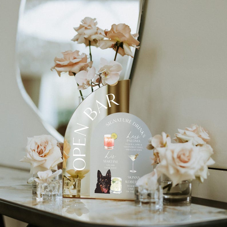 Gold Mirror Wedding Bar Sign, Signature Cocktails - Dog Signature Drink - His and Hers Drinks image 8