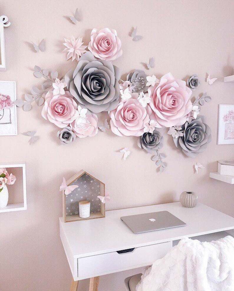 Nursery Paper Flower Nursery Wall Decor Paper Flowers Wall Decor Paper Flower Decor Large Paper Flowers Blush Pink And Gray Decor