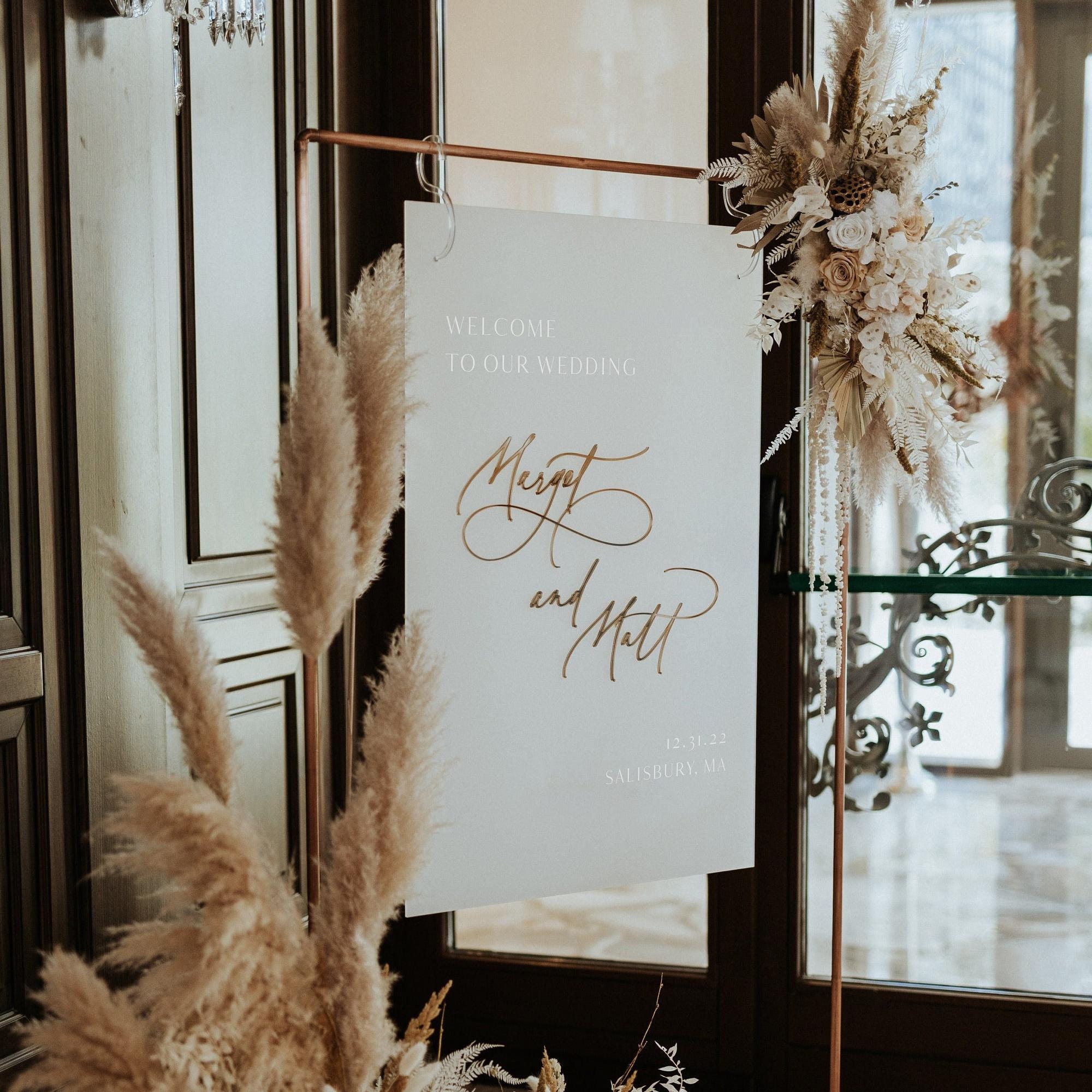 Frosted Acrylic Welcome Sign - Custom Wedding Sign with 3D Mirror Gold Names Frosted Acrylic Welcome Sign - Custom Wedding Sign with 3D Mirror Gold Names