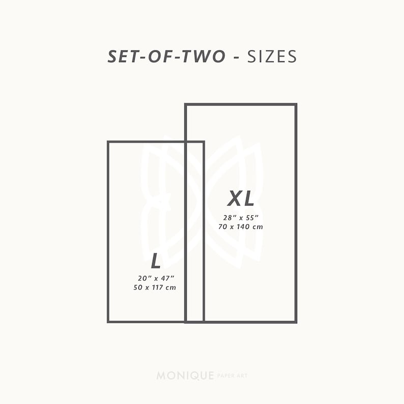 May include: A graphic showing two rectangular sizes, labeled L and XL, with dimensions in inches and centimeters. The L size is 20" x 47" (50 x 117 cm), and the XL size is 28" x 55" (70 x 140 cm). The text "SET-OF-TWO - SIZES" is at the top.