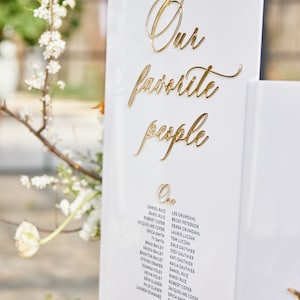 May include: A white sign with gold lettering that reads "Our favorite people" and lists names in two columns. The sign is leaning against a branch of a flowering tree.