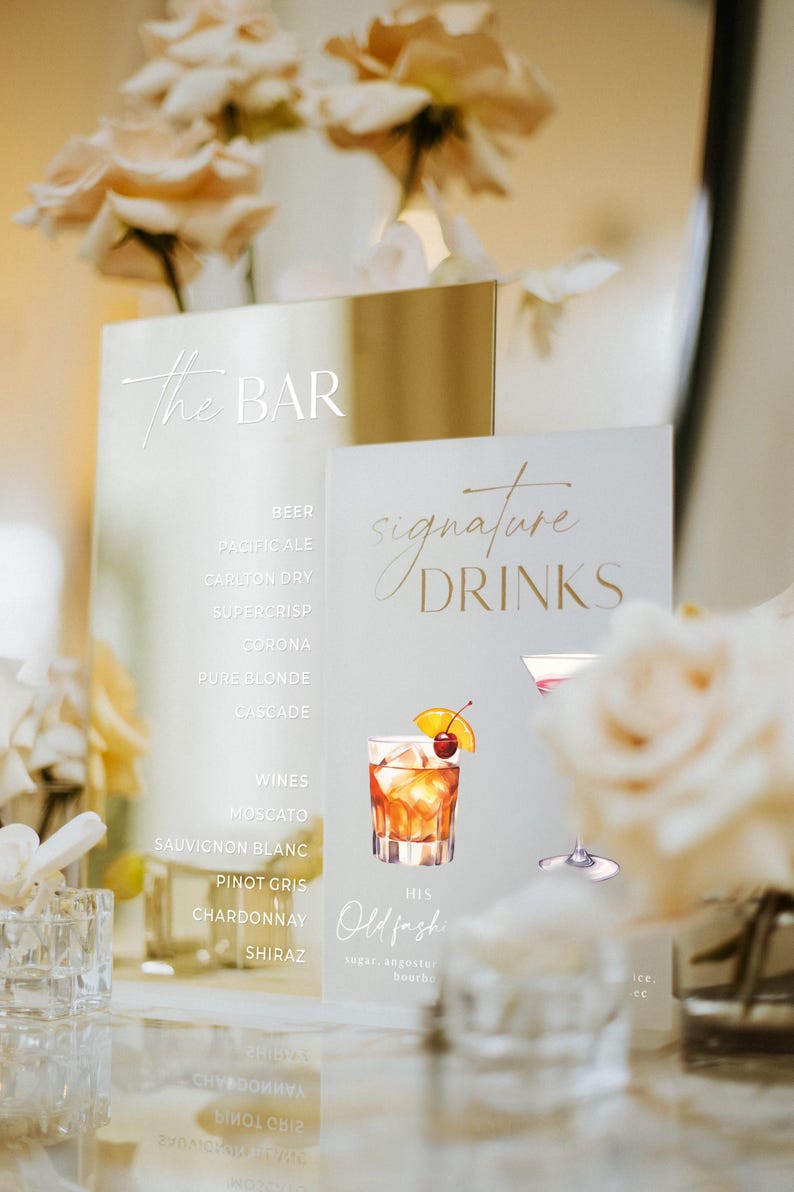 May include: A bar menu with the words "The BAR" in elegant script. The menu lists beer, wines, and signature drinks, including an Old Fashioned cocktail illustration. The background features floral arrangements.