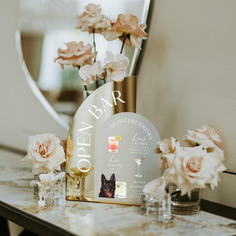 Gold Mirror Wedding Bar Sign, Signature Cocktails - Dog Signature Drink - His and Hers Drinks image 9