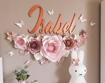 Paper Flowers Set - Girl Nursery Wall Decor - Custom Name Sign - Baby Shower Decor