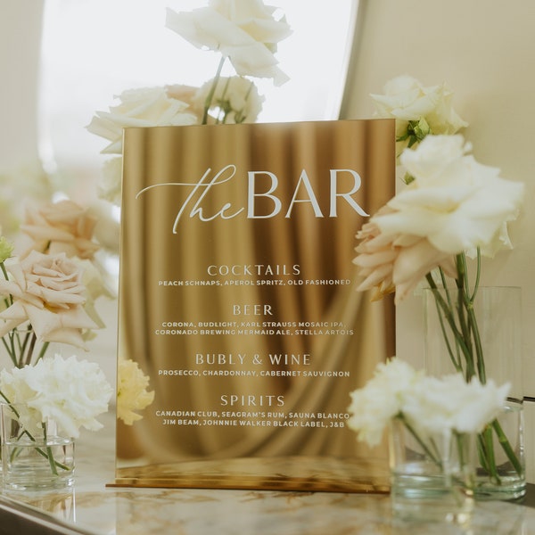 Gold Mirrored Bar Sign - Wedding Bar Menu - Signature Cocktails - Bar List - Reception Table Sign - Wedding Decoration - Gold Acrylic Sign