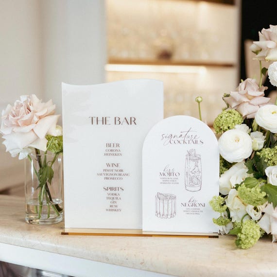 Wedding Cocktails Bar Menu - Signature Drinks Sign - White and Beige Acrylic Reception Signage - Wedding Bar Decor - Personalized Bar Sign
