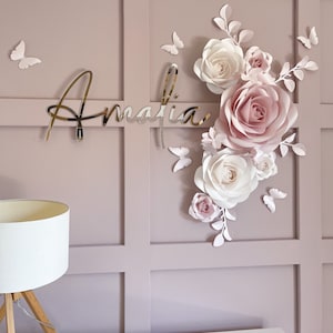 Set of Paper Flowers in Blush Pink and White - Paper Flowers Wall Decor - Nursery Wall Decor - Girl Nursery Wall Art - Nursery Name Sign