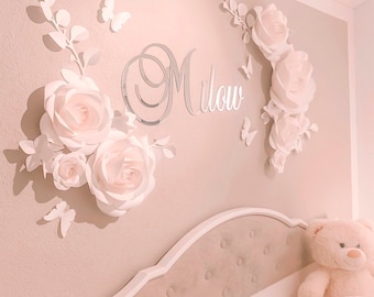 Paper Flowers Girl Nursery Wall Decor - White Paper Flower Set - Custom Name Sign