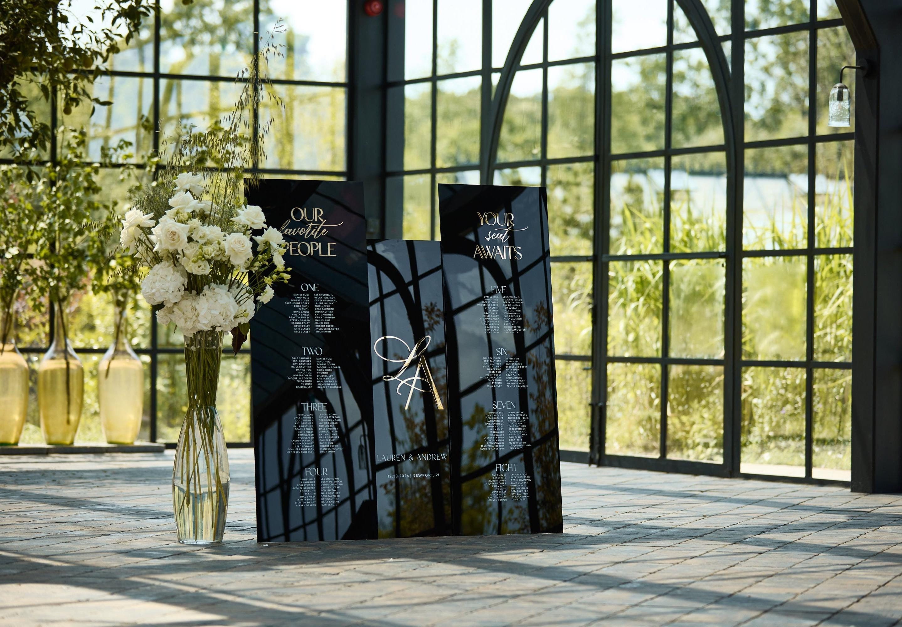 Elegante plano de asientos y letrero de bienvenida - Paquete de letreros para bodas - Acrílico negro y espejo dorado 3D - Decoración para recepción de bodas