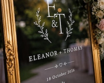 Wedding Mirror Decal Wreath Monogram Personalized Mirror Sticker Initials Custom Names Date Wedding Welcome Sign Vinyl Decal Heart