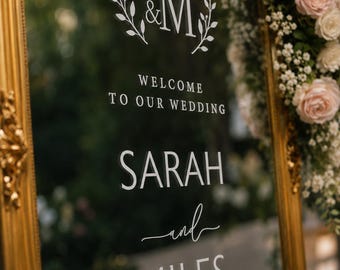 Wedding Mirror Decal Personalized Mirror Sticker Welcome To Our Wedding Monogram Wreath Custom Names Date Wedding Signage