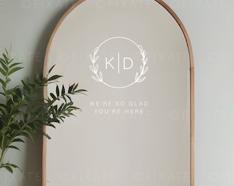Custom Wedding Monogram Decal Vinyl Mirror Sticker We're So Glad You're Here Removable Mirror Decal Wreath Wedding Sign Welcome Signage 05