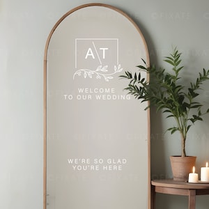 Wedding Welcome Sign Decal For Mirror Vinyl Lettering Removable Mirror Sticker Personalized Monogram Wreath We&#39;re So Glad You&#39;re Here 06