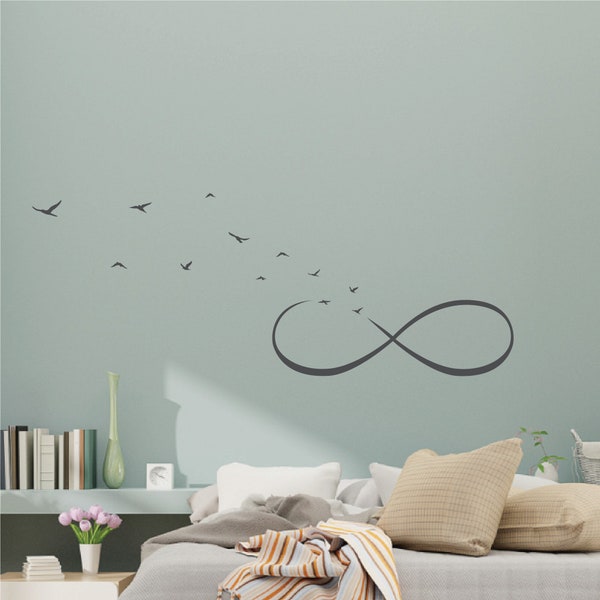 Above Bed Wall Sticker Love Design - Infinity Love Symbol with small flock of birds flying out l Over bed Decor Decal Art | Love wall Decals