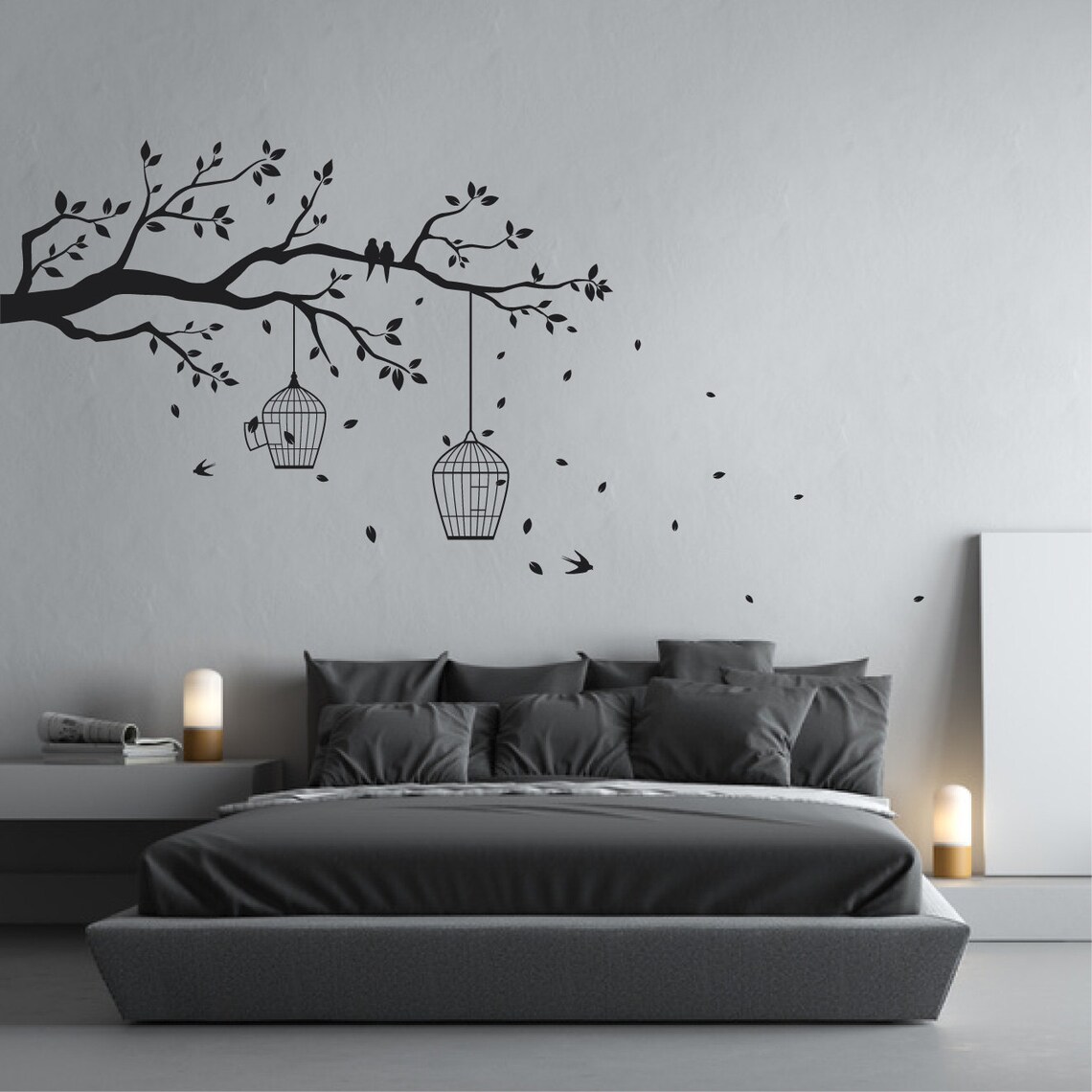 Removable Tree Branch Wall Sticker With Falling Leaves Bird Etsy