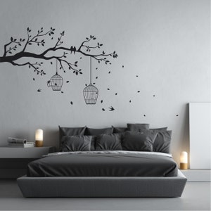 Removable Tree Branch Wall Sticker with falling leaves, bird cages, & birds | Home decor, wall art decal | White Grey Black