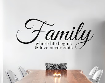 Sticker mural famille citation - La famille, là où la vie commence et l'amour ne finit jamais l Sticker mural famille citation dicton | Décoration murale pour la maison