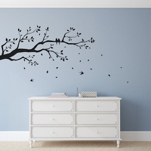 Tree wall decal Woodland decal Vinyl wall art Forest wall decal Tree branch wall sticker Flying birds Falling Leaves Removable wall decal