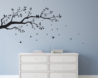 Tree wall decal Woodland decal Vinyl wall art Forest wall decal Tree branch wall sticker Flying birds Falling Leaves Removable wall decal