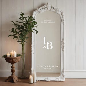 Wedding Mirror Decal Monogram Initials Custom Names and Date Vinyl Sticker for Arched or Full Length Mirror Wedding Welcome Sign Signage 41