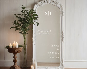 Wedding Mirror Sticker Vinyl Decal For Mirror Wedding Sign Custom Decal We're So Glad You're Here Wedding Monogram Signage Personalized 18