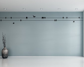 Perched Birds Wall Sticker - Sitting & Flying Birds - Bird Wall Decal | Flying birds wall decor | Flock of birds on wire wall decal