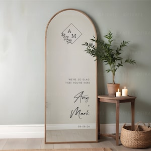 Wedding Mirror Sticker Vinyl Decal For Mirror DIY Wedding Sign Personalized We&#39;re So Glad Your Here Wedding Reception Decor Monogram 12