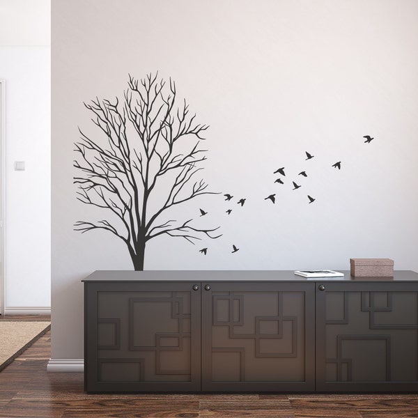 Tree Wall Sticker with Flock of Flying Birds | Dead Winter Tree Branches fall design
