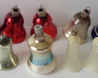 Vintage Set of 13 Bell Shaped Mercury Glass Christmas Ornaments Shiny Brite USA Unmarked Solid Colors Painted Bands Glitter Designs