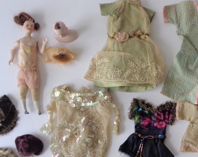 Vintage Handmade Doll Clothing Collection With Doll and Doll Head Wig