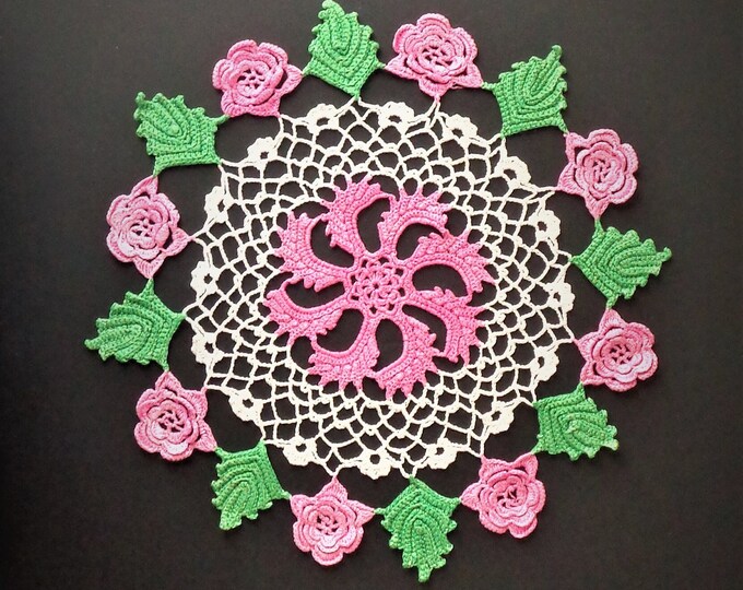 Vintage Hand Crochet Doily Raised Pink Rose and Green Leaf Design With ...