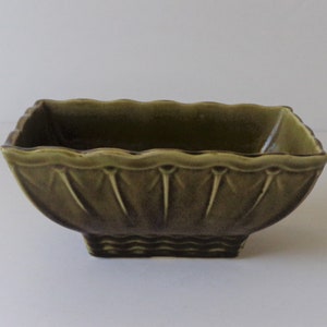 Vintage McCoy Pottery Green Rectangular Pedestal Planter Sunburst Design Ruffled Top Edge High Gloss Glaze