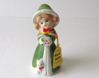 Vintage Merri-Bells Girl With Kitten Bisque Porcelain Figurine Jasco 1978