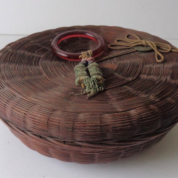 Antique Chinese Wicker Round Sewing Basket Dark Brown Green Silk Tassels Brown Glass Ring Lucite Beads Metal Coin Tan Cord