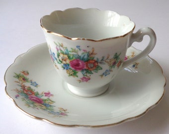 Vintage Cup and Saucer Set, Occupied Japan Demitasse Cup and Saucer With Multi Color Floral Pattern and Scalloped Rim Gold Accents