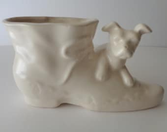 Vintage Dog Figural Pottery Planter, Lace Up Shoe White Matte Planter, Puppy and Shoe Planter USA 4"