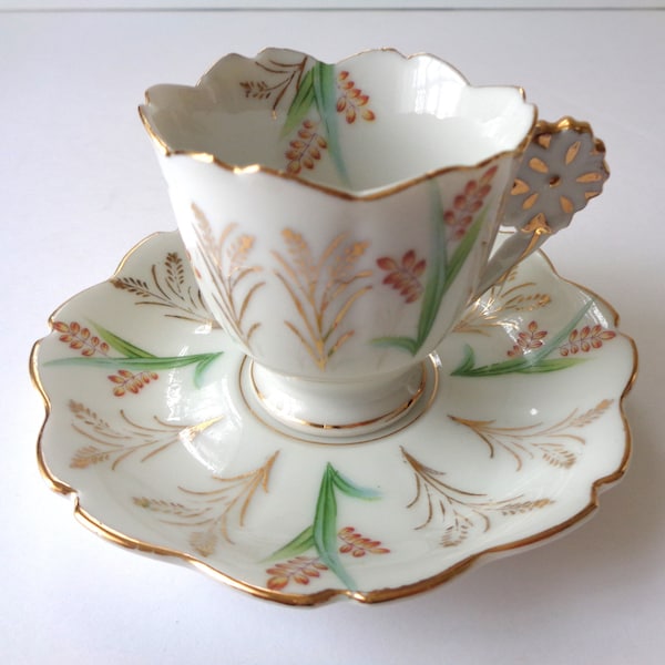 Vintage Ucagco China Occupied Japan Demitasse Tea Cup and Saucer Green Orange Gold Floral Pattern With Solid Flower Handle Gold Accents