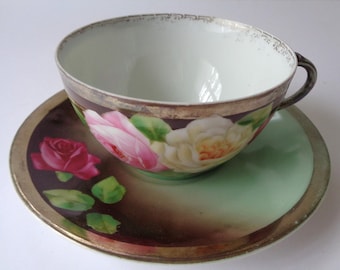 Vintage Royal Vienna Factory Decorated Tea Cup and Saucer Hand Painted Rose Pattern Green Brown Heavy Gold Accents Artist Signed Toussaint