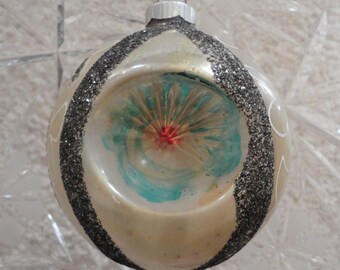 Vintage 50s Shiny Brite Mercury Glass Ornament: Triple Indent, Silver Glitter, Germany