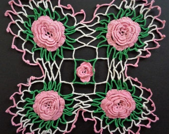 Vintage Hand Crochet Set of 2 Pink Rose Doilies Square Shaped Green and White Accents