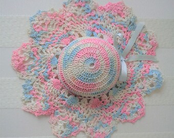 Vintage Small Hat Shaped Pincushion Hand Crochet Multi Pink and Blue Pastel Colors Light Blue Satin Ribbon