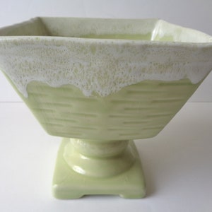 Vintage Pedestal Pottery Planter, UPCO Basketweave Pottery Planter, Lime Green Planter With White Drip Glaze